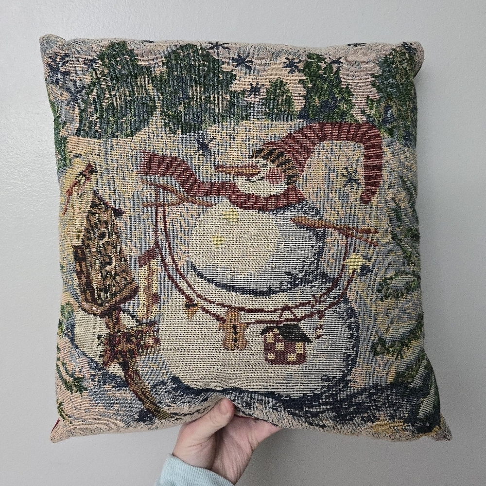 Tapestry Throw Pillow Snowman Birdhouse Christmas  15"X 15”